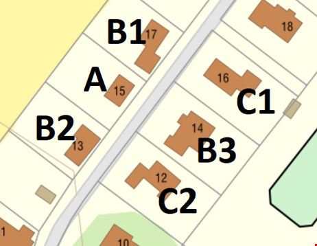 Fastighetskarta med markering för hus A-B